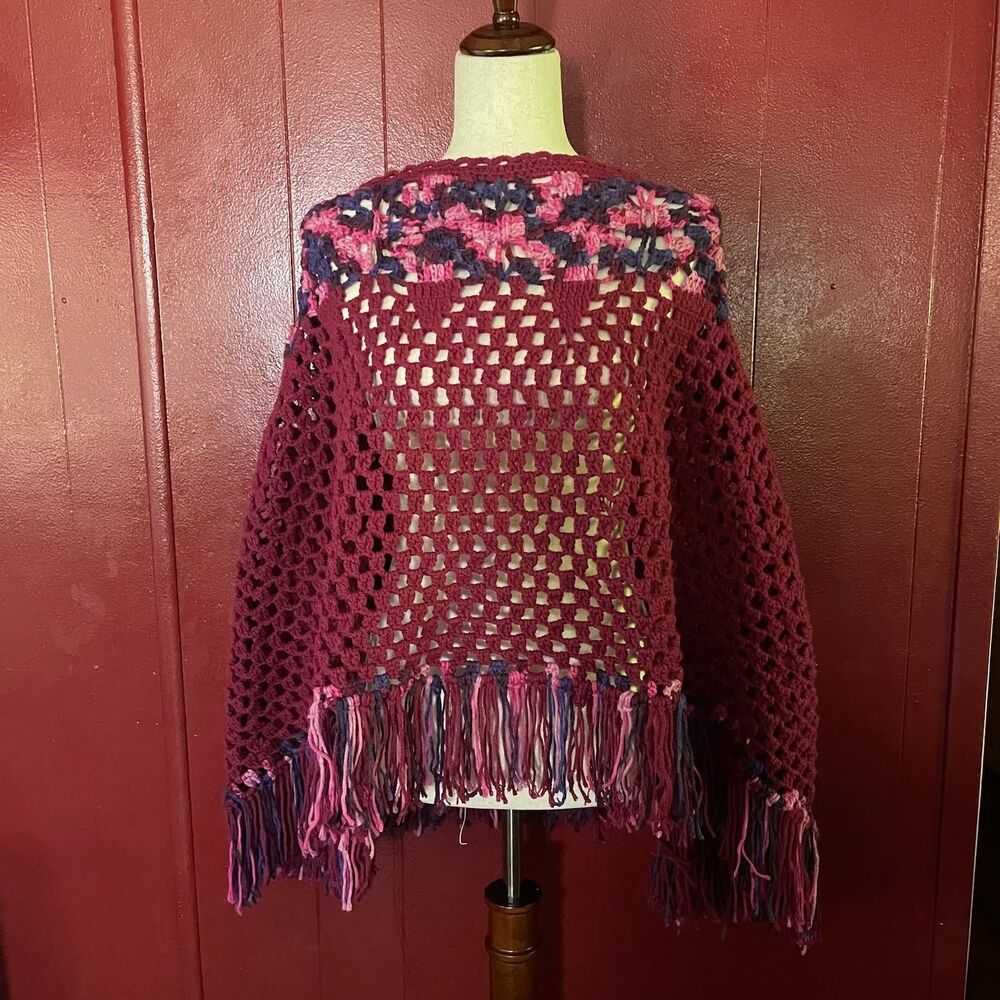 Vintage Handmade crochet Burgundy tassel shawl ponch cape
